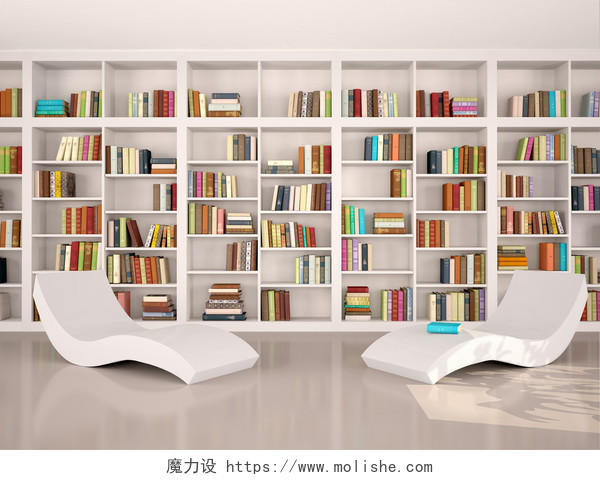 现代图书馆书架的3d渲染插图
